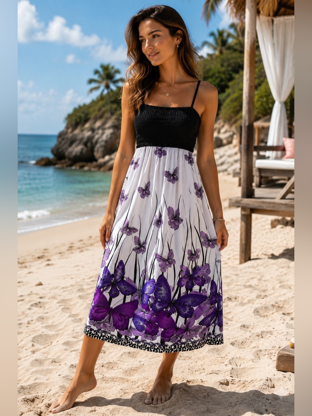 Cristina Love Black White Purple Butterfly Print Midi Dress Size L Beach Boho